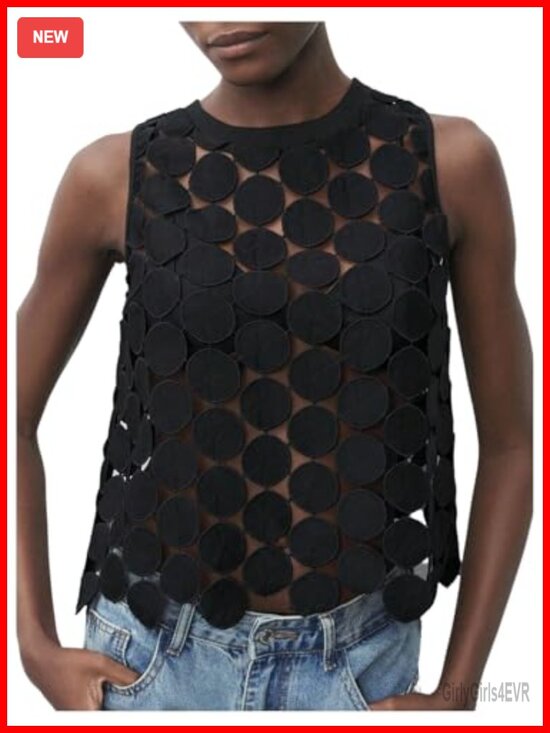 Tops - Women's Sheer Polka Dot Asymmetrical Tank Top Sleeveless Summer Vest Shirt
